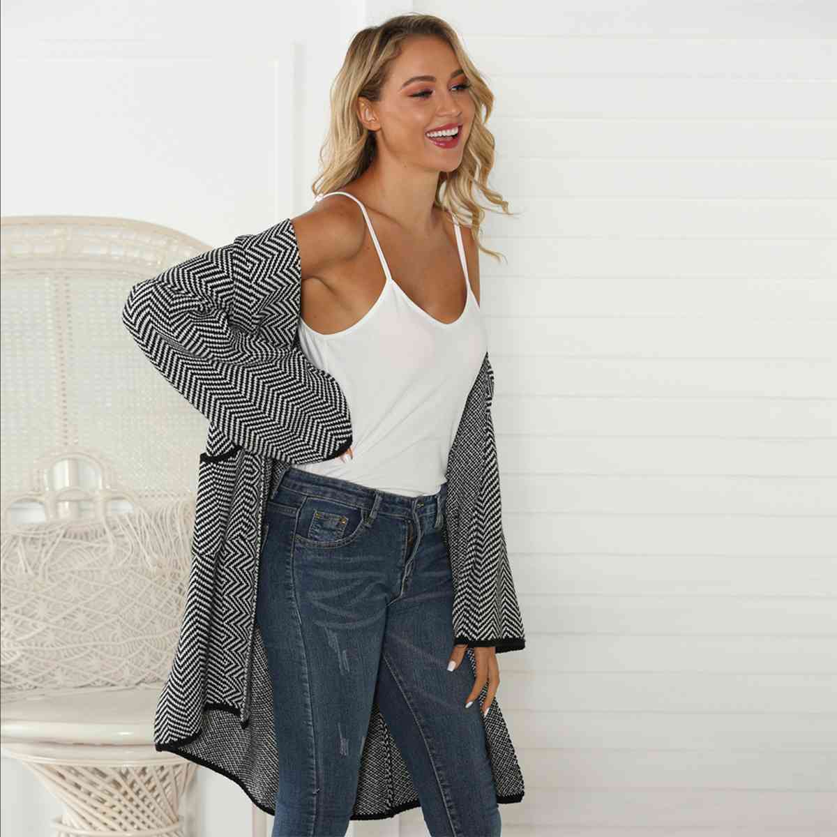 Geometric Open Front Cardigan with Pockets