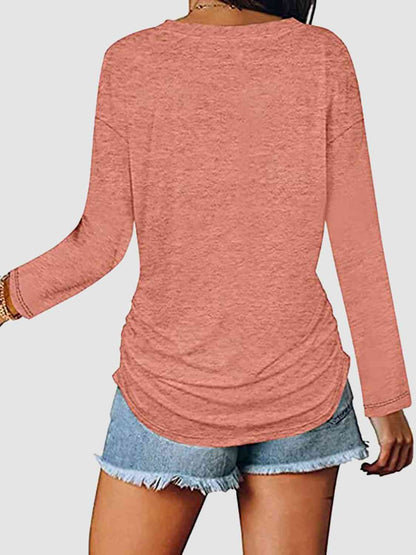 Ruched V-Neck Long Sleeve T-Shirt