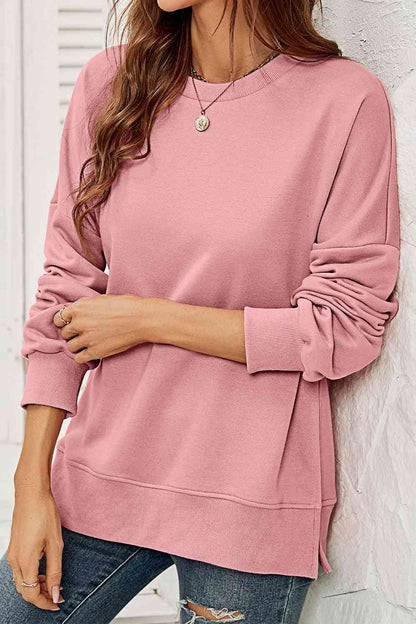 Round Neck  Dropped Shoulder Slit Sweatshirt