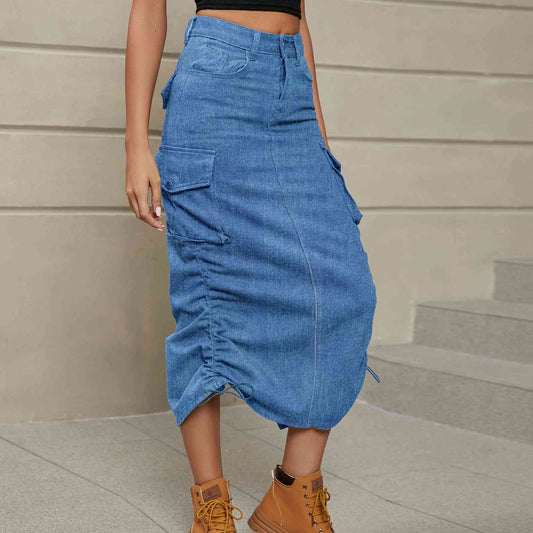 Drawstring Ruched Slit Denim Midi Skirt - Create the impossible