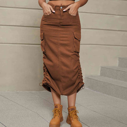 Drawstring Ruched Slit Denim Midi Skirt - Create the impossible
