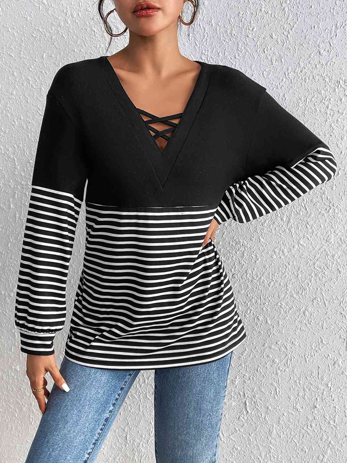 Striped Crisscross V-Neck Long Sleeve T-Shirt