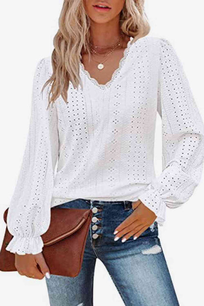 Eyelet V-Neck Flounce Sleeve Blouse - Create the impossible