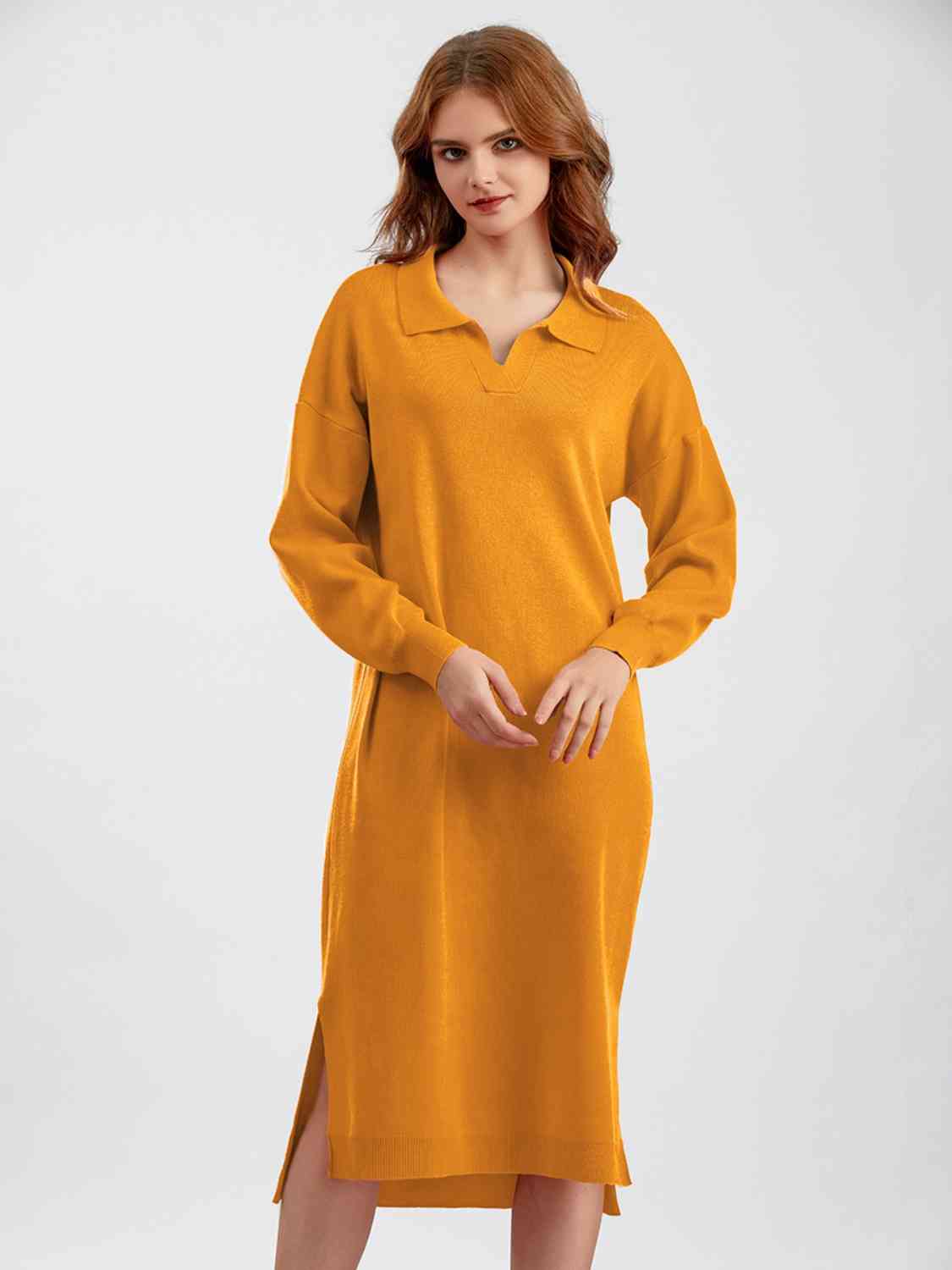 Johnny Collar Long Sleeve Slit Sweater Dress