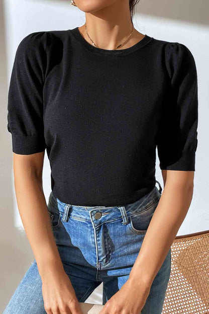 Round Neck Puff Sleeve Knit Top