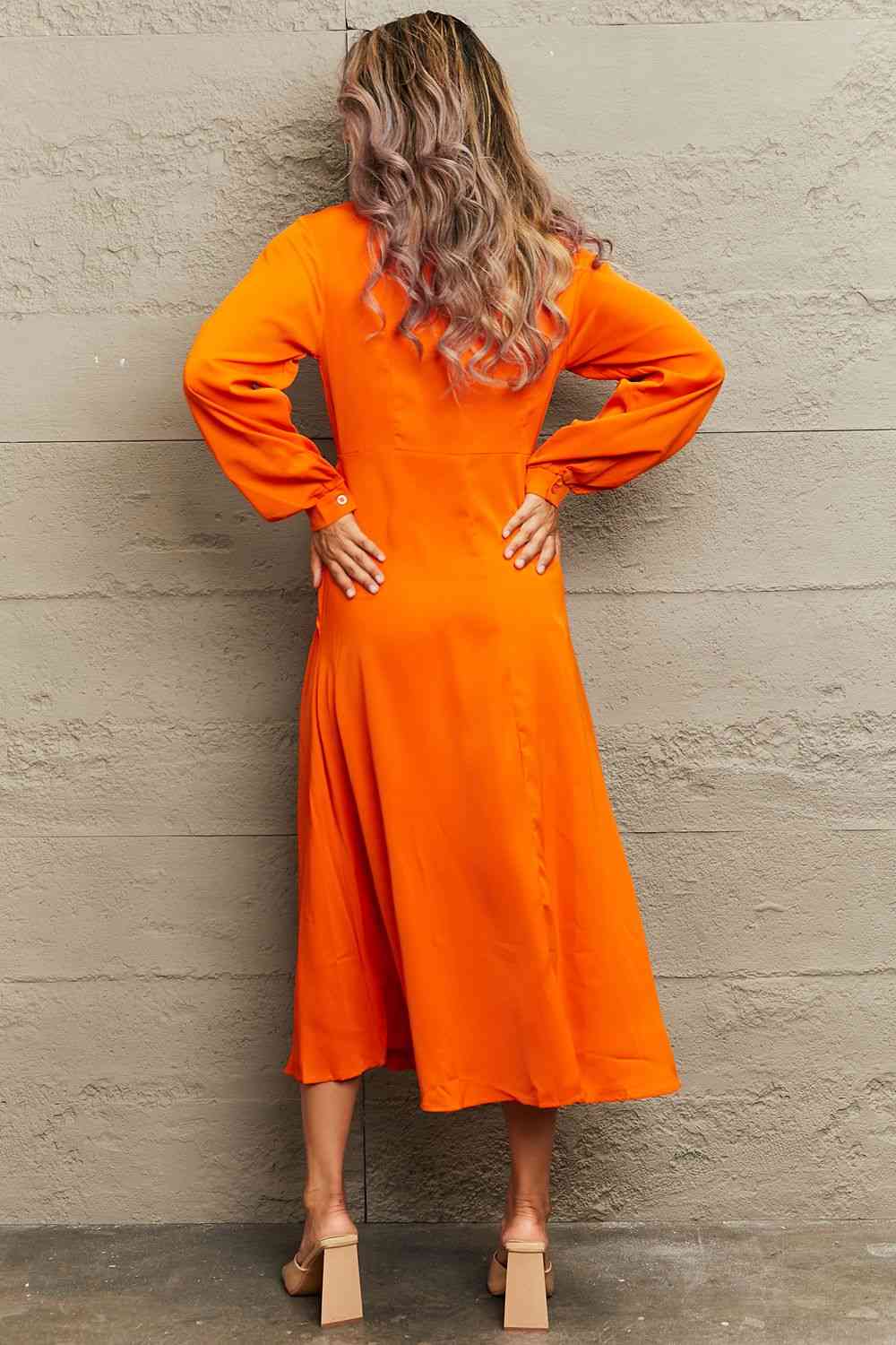 Collared Neck Long Sleeve Twisted Midi Dress