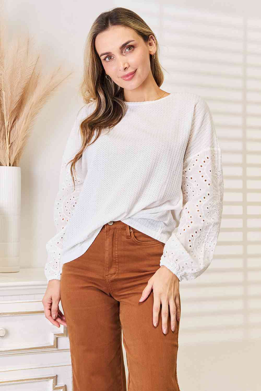 Double Take Eyelet Dropped Shoulder Round Neck Blouse - Create the impossible