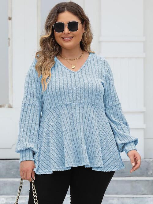 Plus Size Ribbed V-Neck Long Sleeve Blouse - Create the impossible