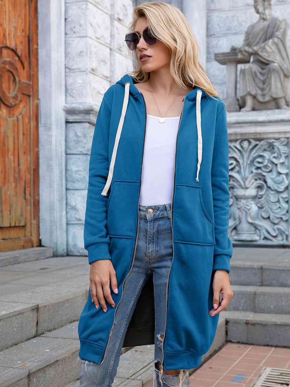 Zip-Up Longline Hoodie with Pockets - Create the impossible