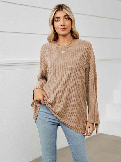 Round Neck Ribbed Long Sleeve T-Shirt