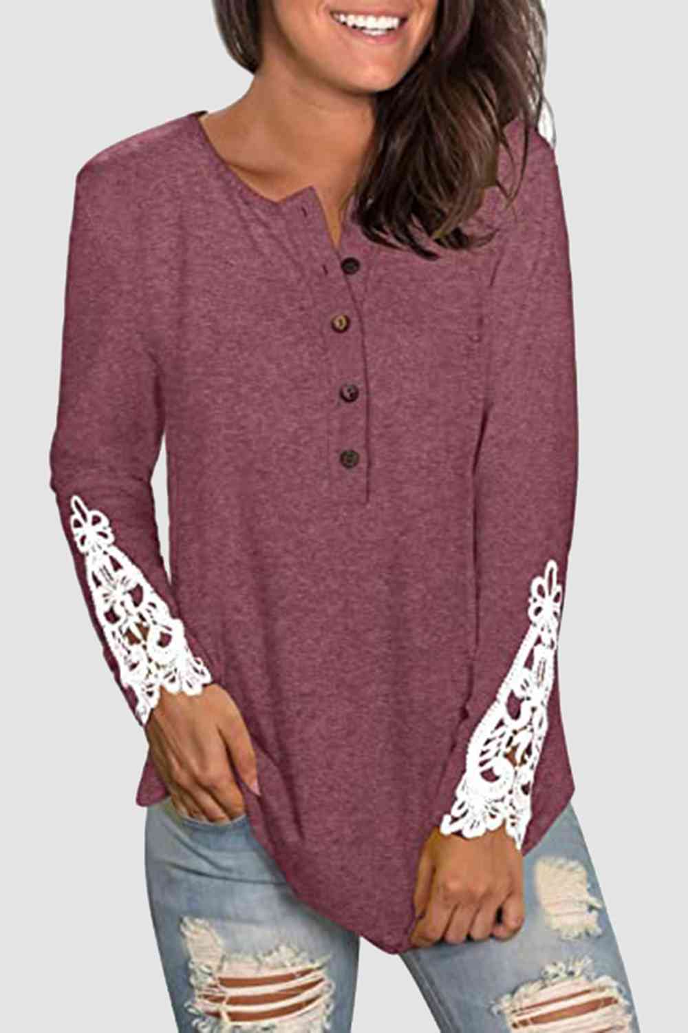 Lace Detail Button Front T-Shirt