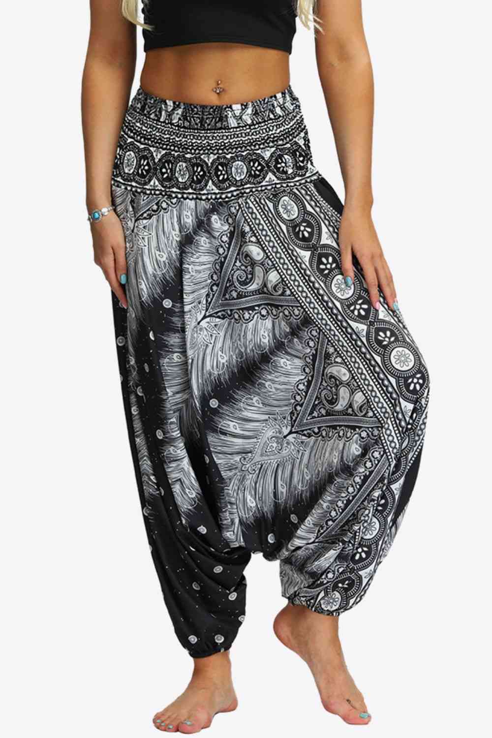 Printed Smocked Waist Harem Pants