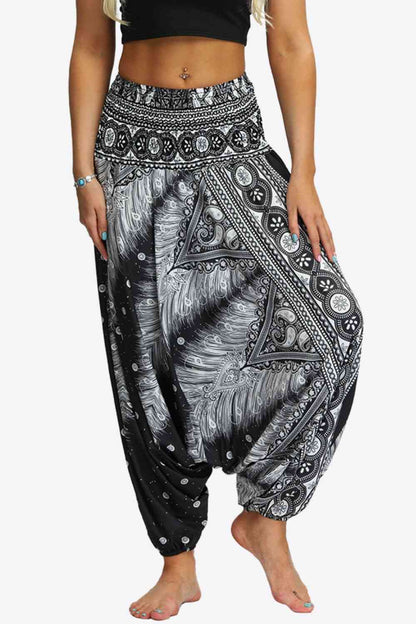 Printed Smocked Waist Harem Pants