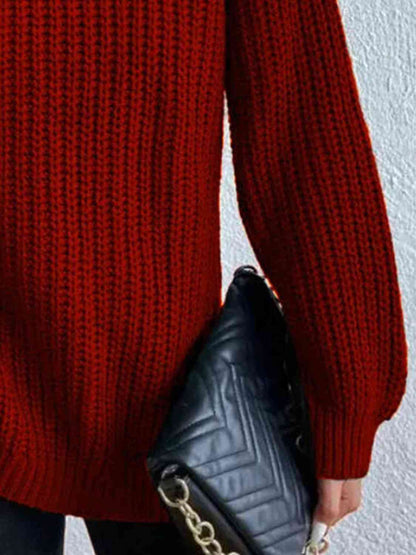 Full Size Turtleneck Rib-Knit Slit Sweater - Create the impossible