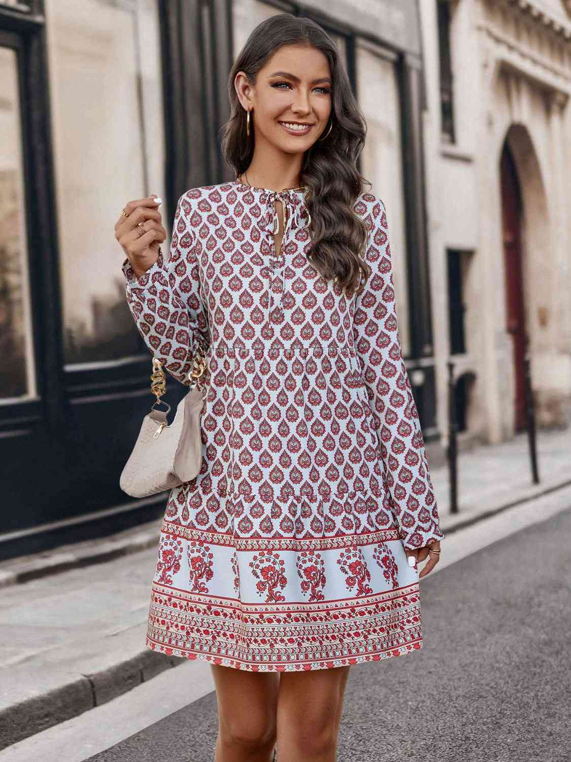 Printed Tie Neck Long Sleeve Dress