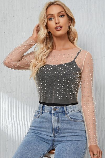 Pearl Long Sleeve Mesh Cropped Top - Create the impossible