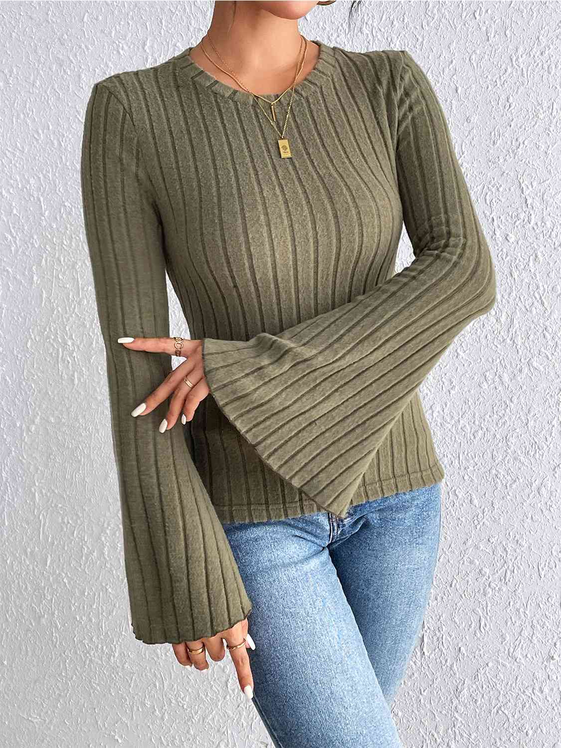 Ribbed Round Neck Flare Sleeve Top - Create the impossible