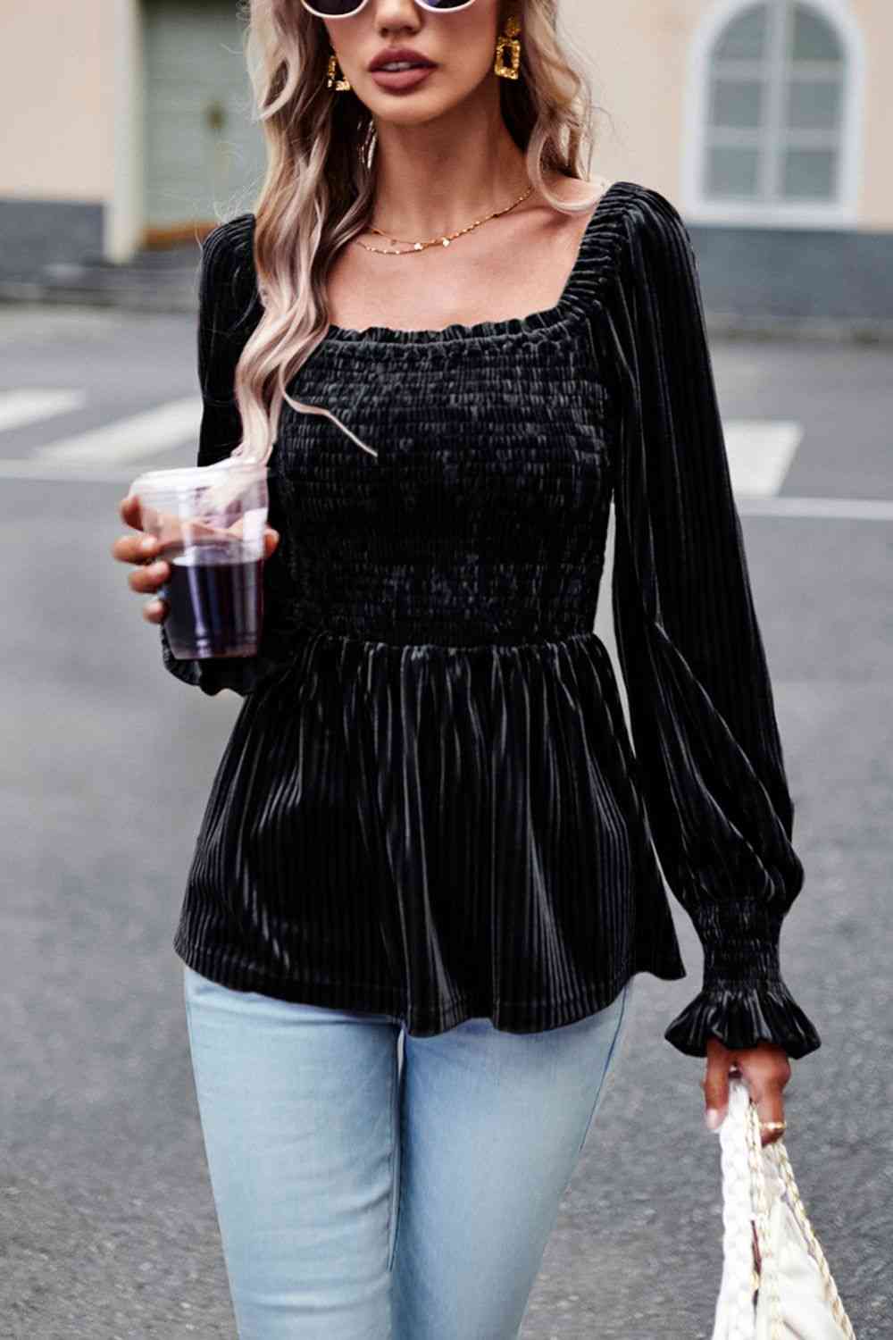 Smocked Square Neck Long Sleeve Blouse - Create the impossible