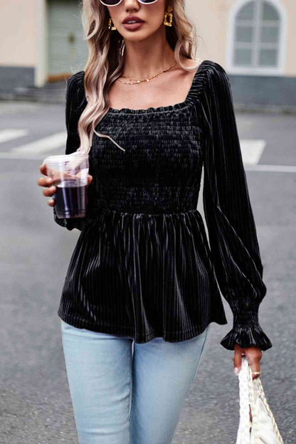 Smocked Square Neck Long Sleeve Blouse - Create the impossible