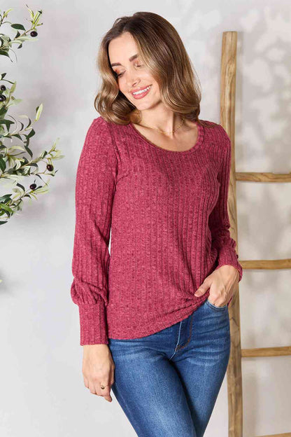 Double Take Ribbed Round Neck Lantern Sleeve Blouse - Create the impossible