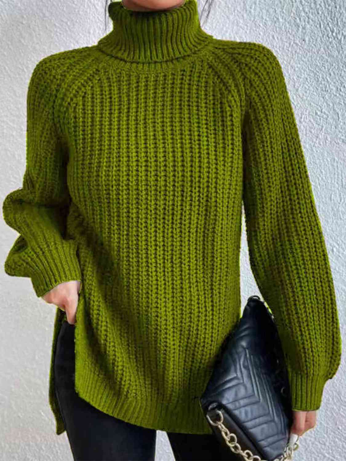 Full Size Turtleneck Rib-Knit Slit Sweater - Create the impossible