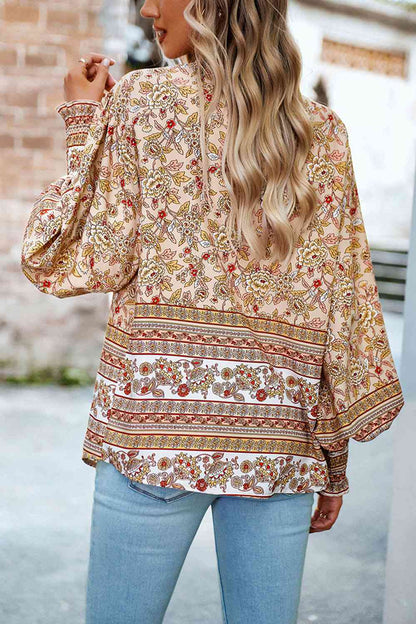 Printed Collared Neck Smocked Lantern Sleeve Shirt