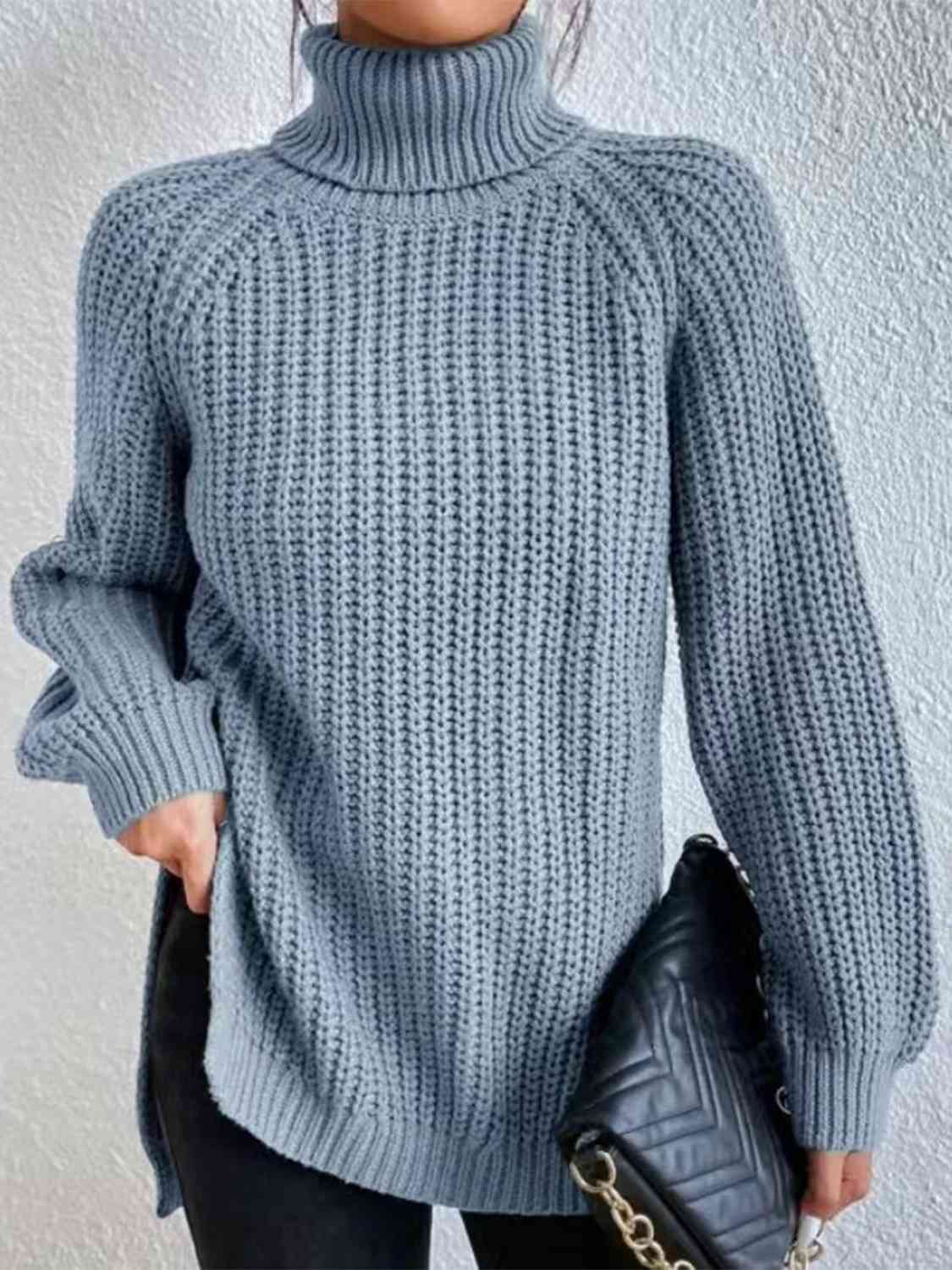 Full Size Turtleneck Rib-Knit Slit Sweater - Create the impossible