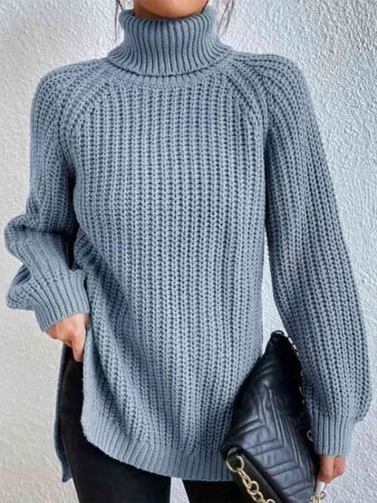 Full Size Turtleneck Rib-Knit Slit Sweater - Create the impossible