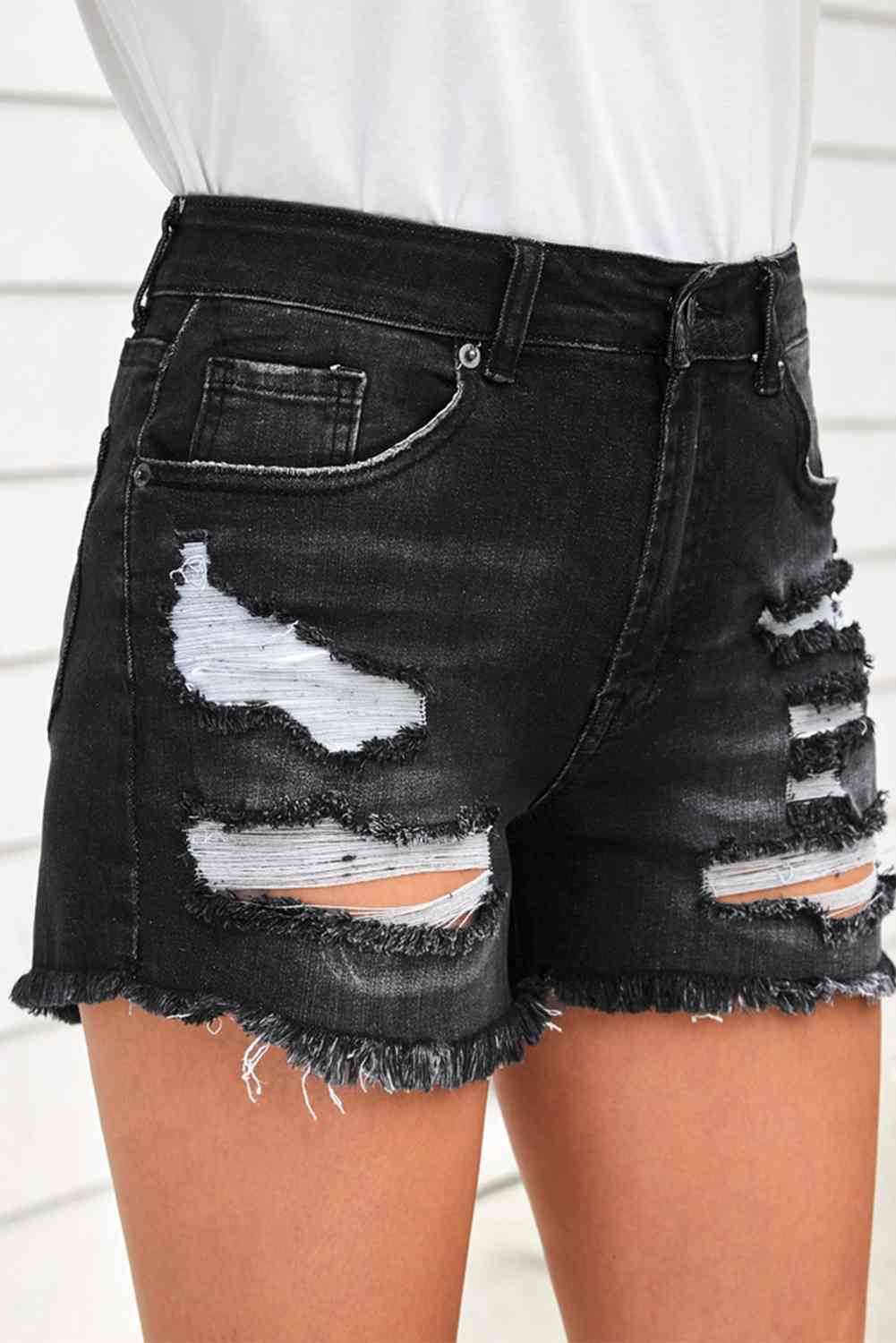 Raw Hem Distressed Denim Shorts with Pockets