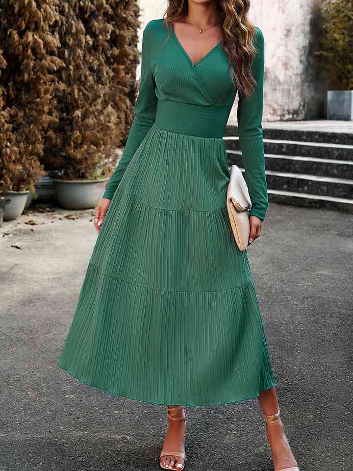 Surplice Neck Long Sleeve Smocked Waist Midi Dress