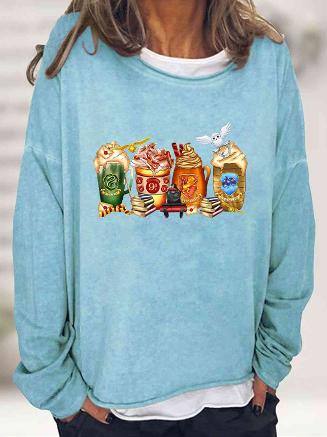 Full Size Graphic Round Neck Roll Hem Sweatshirt