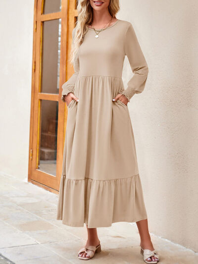 Round Neck Lantern Sleeve Ruffle Hem Dress