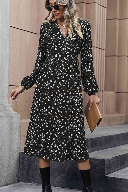 Printed Surplice Neck Long Sleeve Dress - Create the impossible