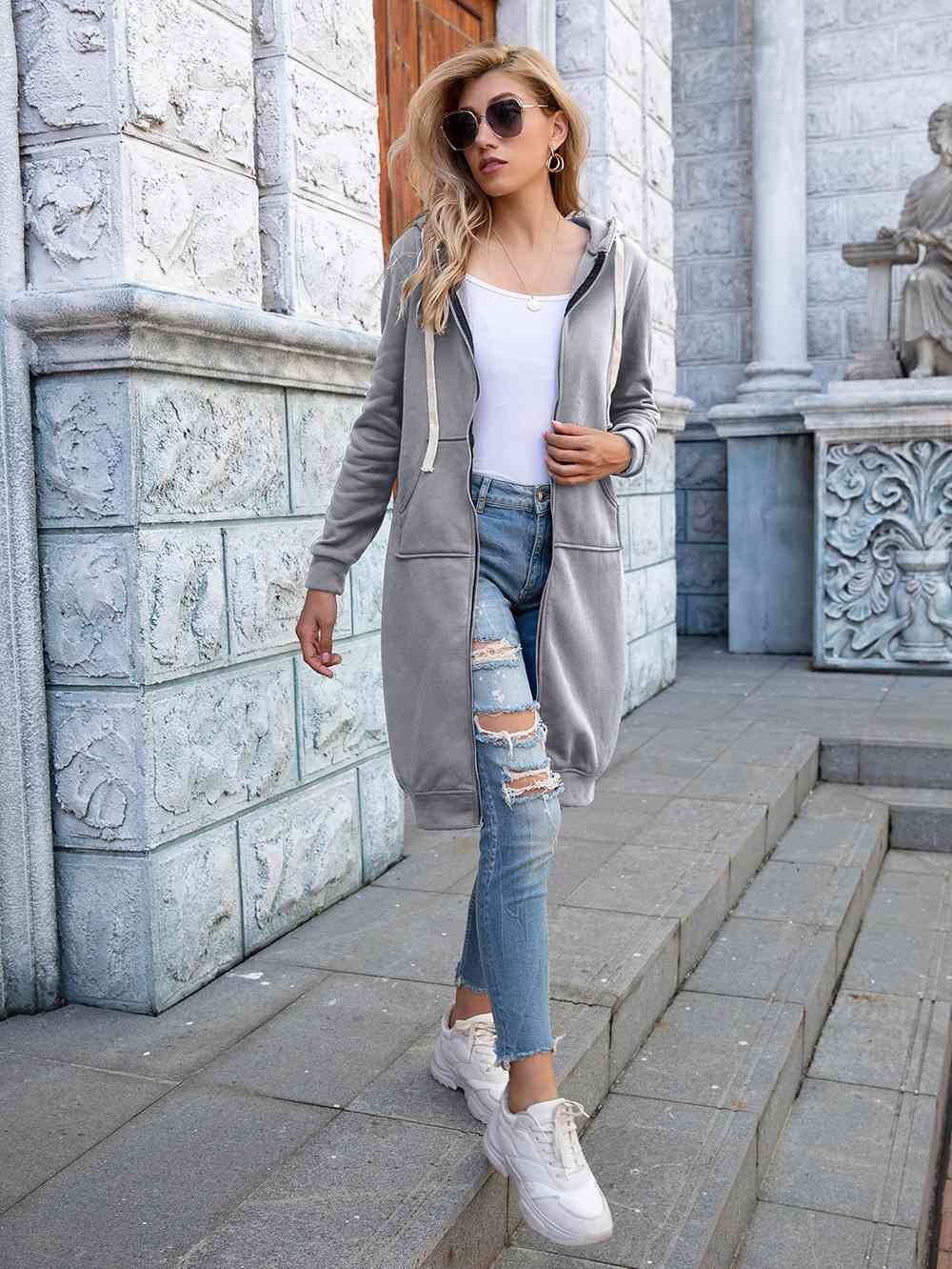 Zip-Up Longline Hoodie with Pockets - Create the impossible