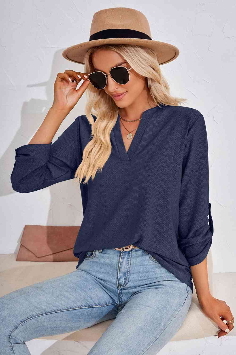 V-Neck Roll-Tap Sleeve Blouse - Create the impossible