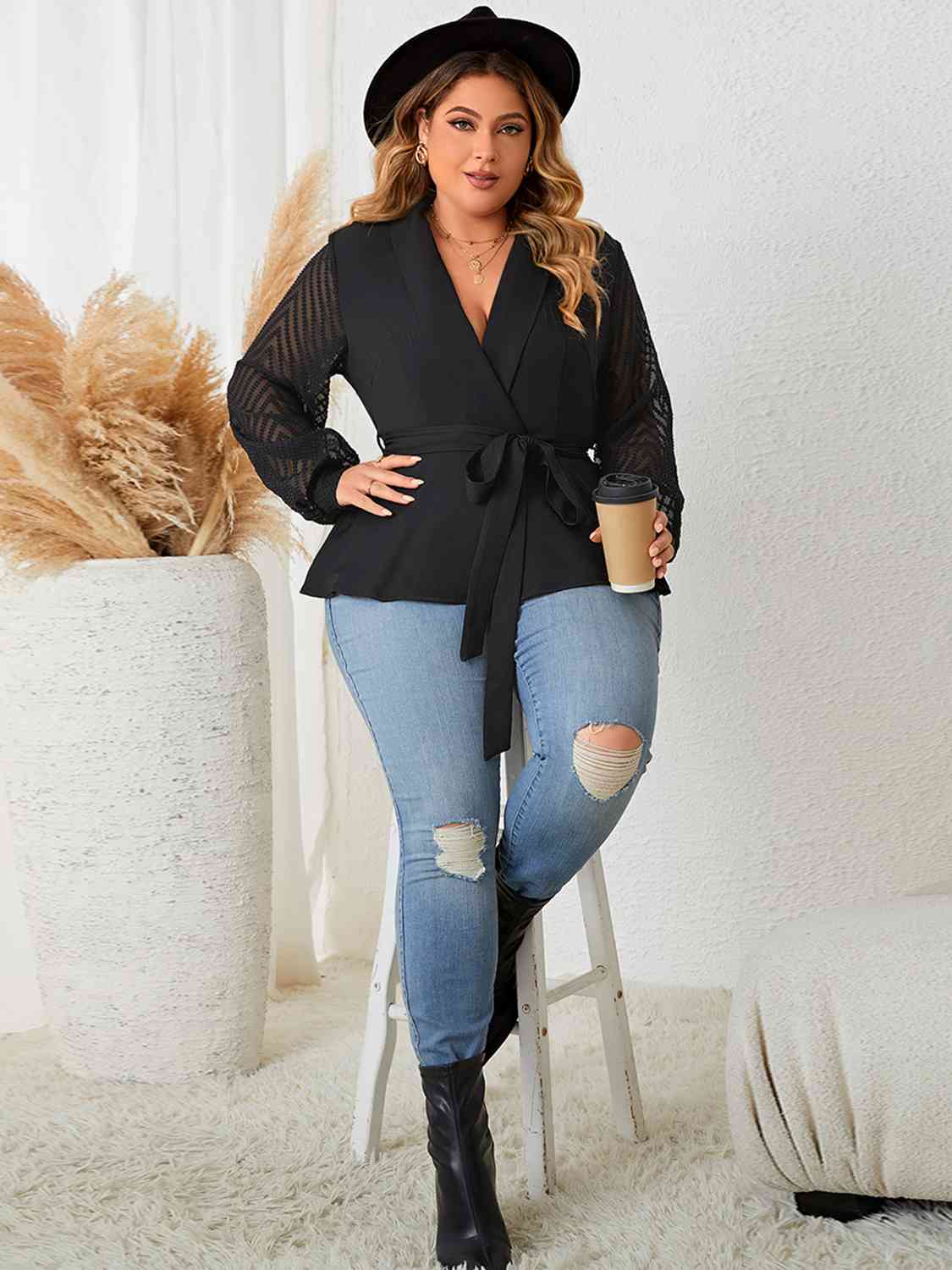 Plus Size Tie Waist Long Sleeve Blouse - Create the impossible