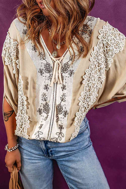 V-Neck Lace Detail Slit Blouse - Create the impossible