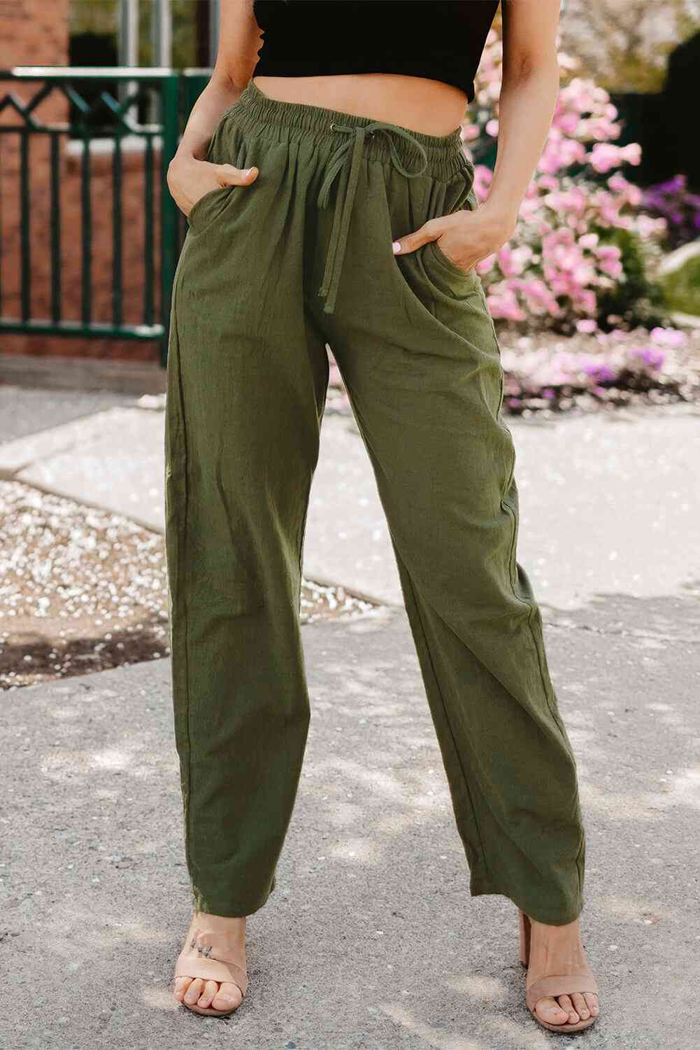 Drawstring Elastic Waist Pants with Pockets