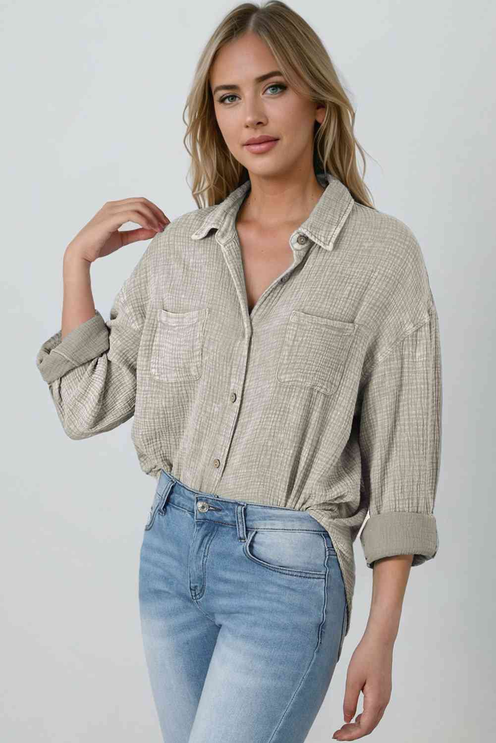 Mineral Wash Crinkle Textured Chest Pockets Shirt