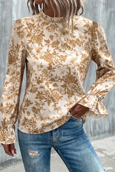 Floral Print Mock Neck Flounce Sleeve Blouse