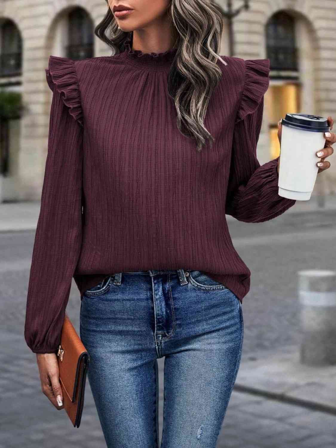 Mock Neck Ruffle Shoulder Blouse - Create the impossible