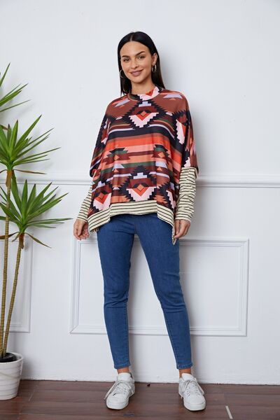 Geometric Striped Splicing Round Neck Blouse - Create the impossible