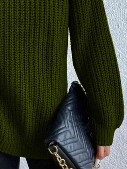 Full Size Turtleneck Rib-Knit Slit Sweater - Create the impossible