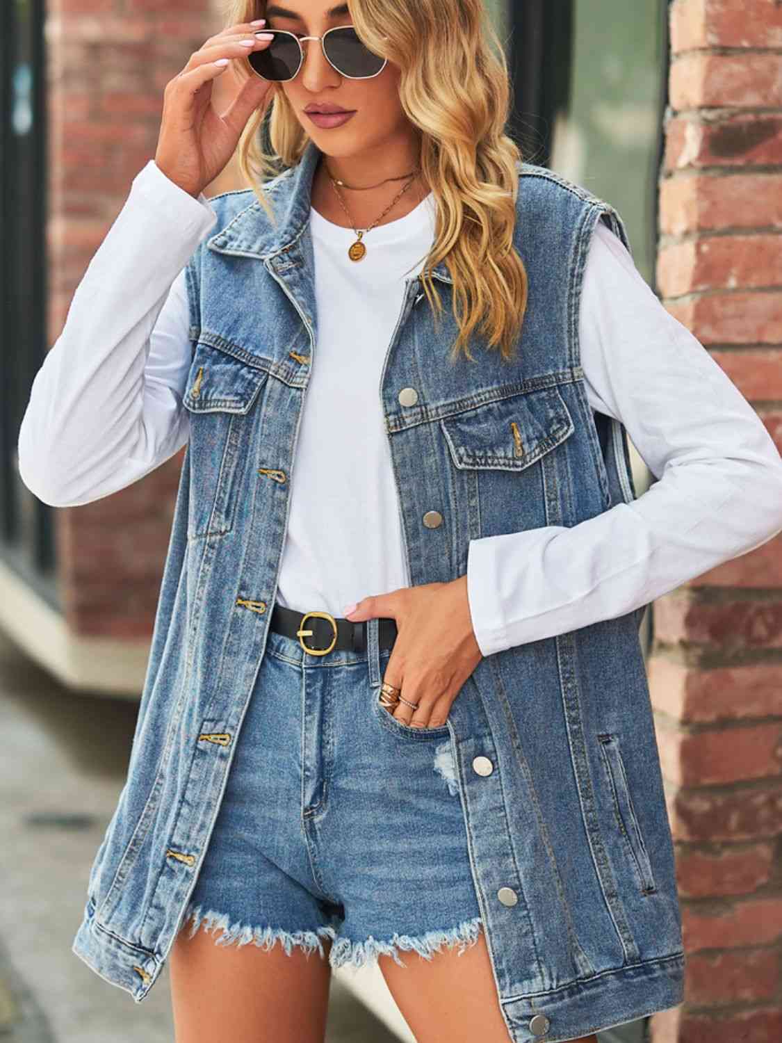 Collared Neck Sleeveless Denim Top with Pockets