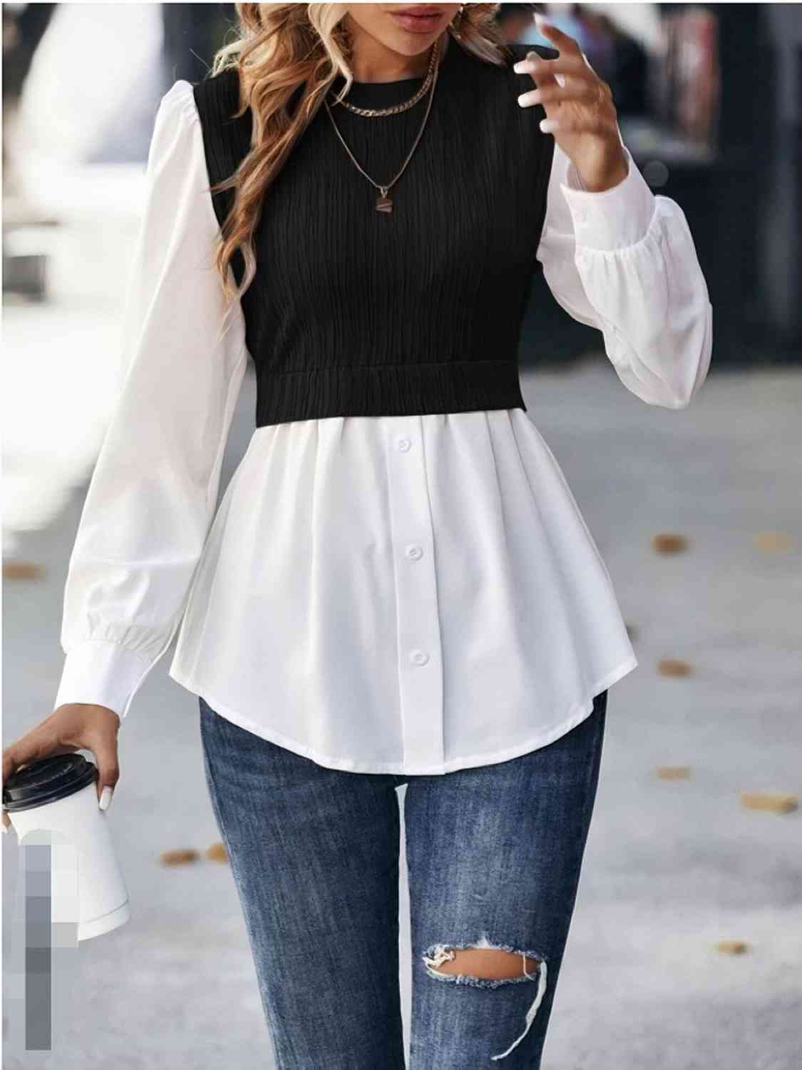 Contrast Round Neck Puff Sleeve Blouse - Create the impossible