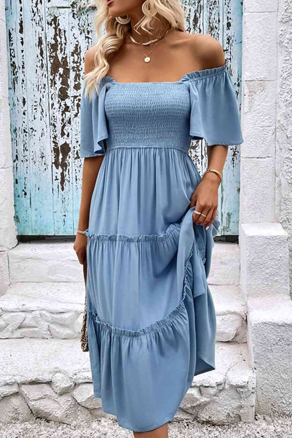 Smocked Square Neck Frill Trim Dress