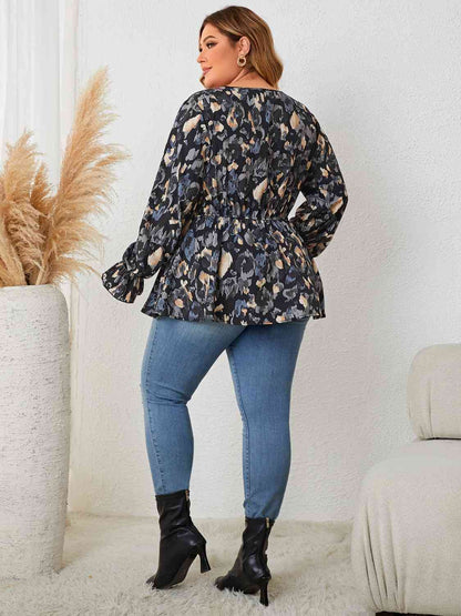 Plus Size Surplice Neck Flounce Sleeve Blouse