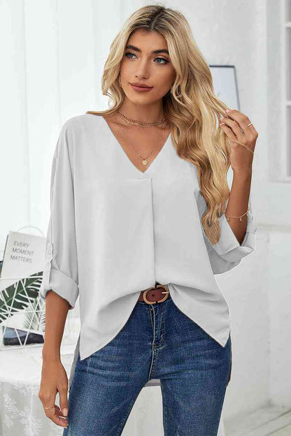 Roll-Tab Sleeve V-Neck Blouse - Create the impossible