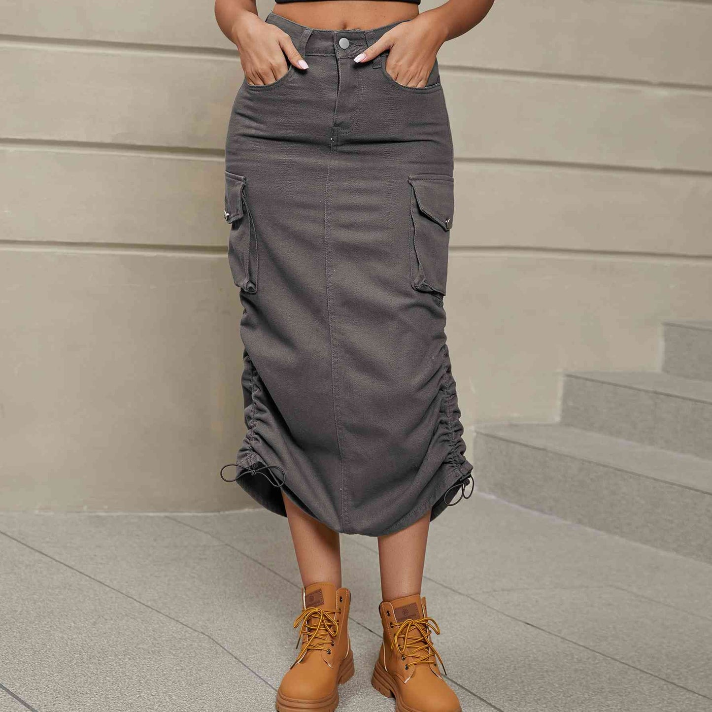 Drawstring Ruched Slit Denim Midi Skirt - Create the impossible