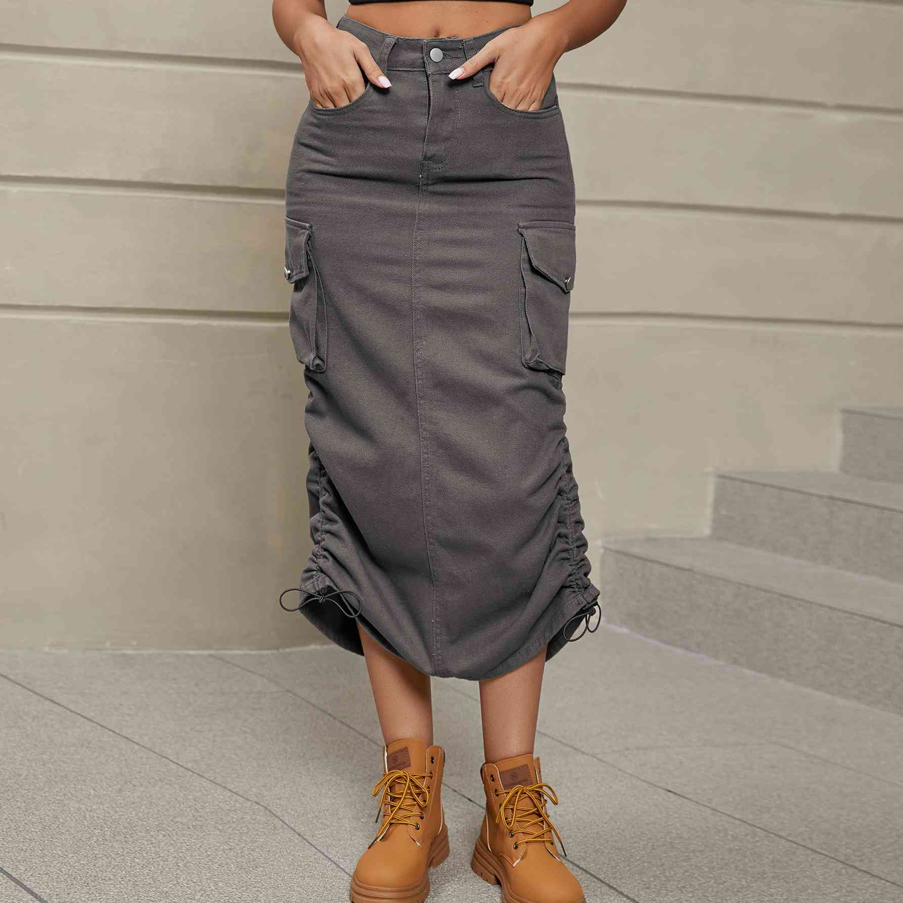 Drawstring Ruched Slit Denim Midi Skirt - Create the impossible